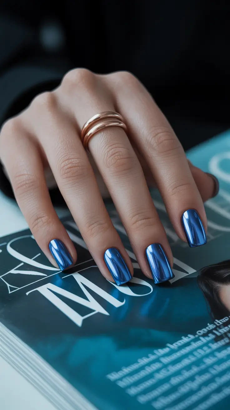 blue winter nails ideas Metallic Mirror Magic