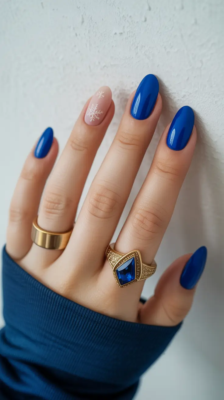 blue winter nails ideas Royal Snowflake Accent