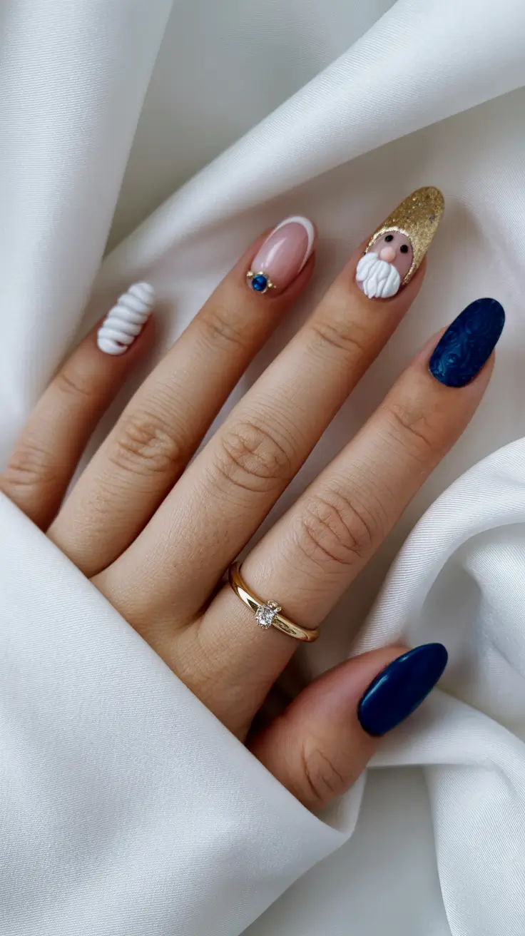 Christmas Acrylic Nails 2025 Blue and Gold Winter Whimsy