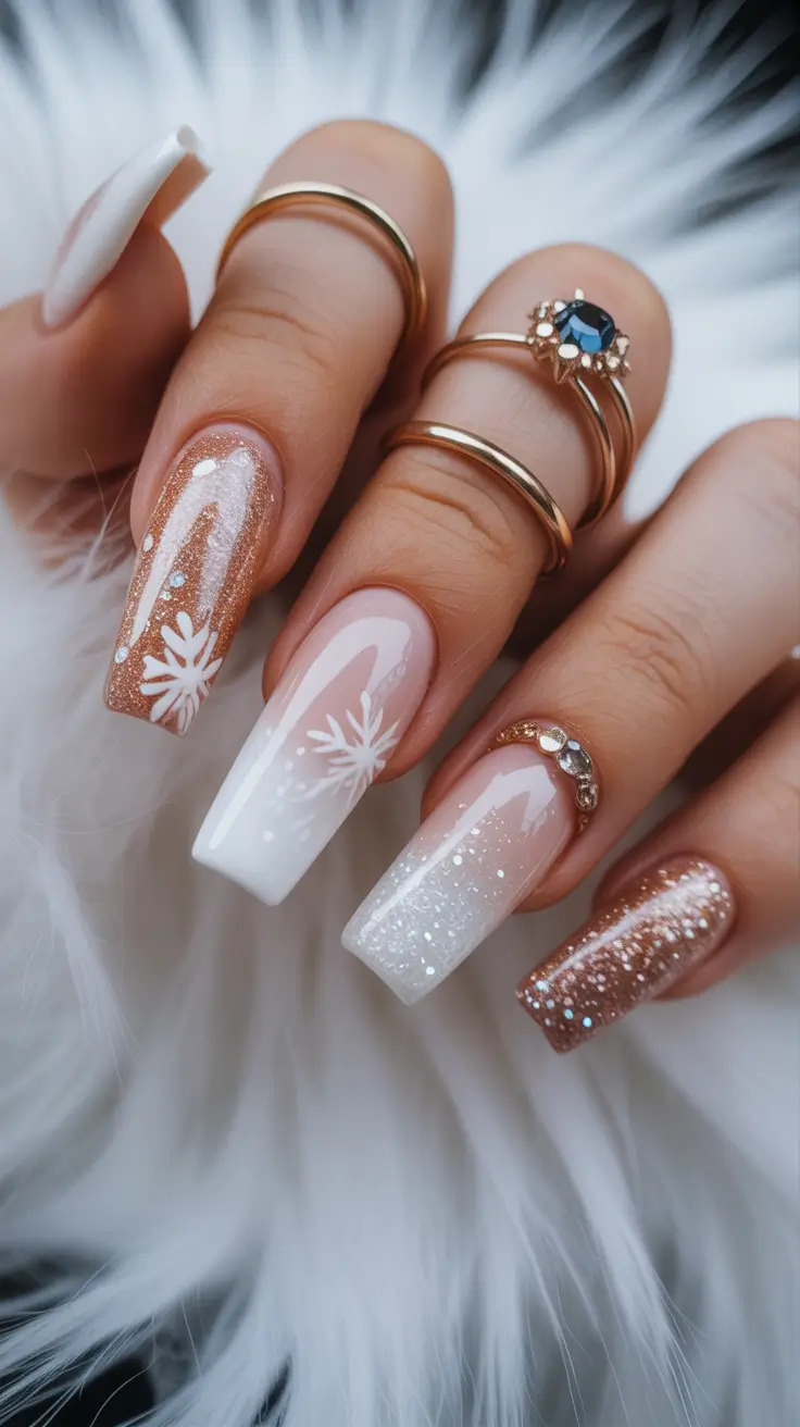 Christmas Acrylic Nails 2025 Champagne Snowfall