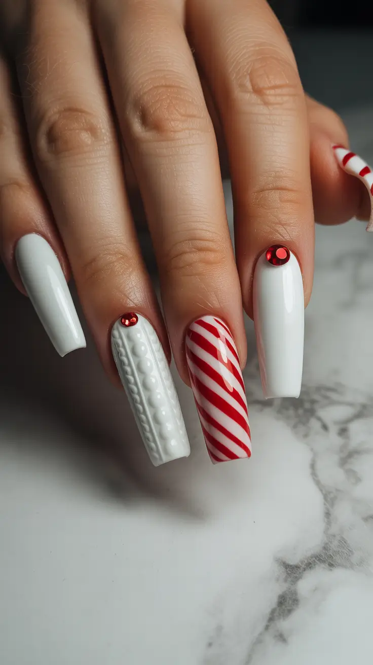 Christmas Acrylic Nails 2025 Peppermint Swirl Charm
