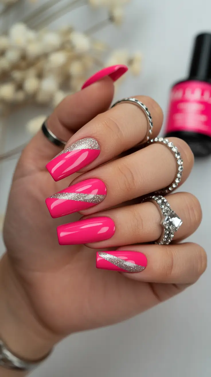 Christmas Acrylic Nails 2025 Hot Pink Holiday Spark