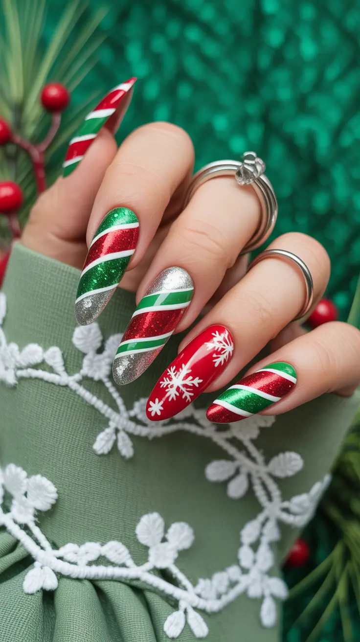 Christmas Acrylic Nails 2025 Classic Candy Cane Glam