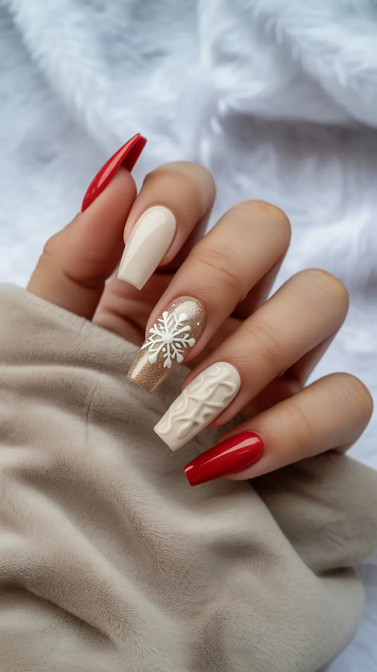 Christmas Acrylic Nails 2025 Cozy Red and Cream Knit Magic