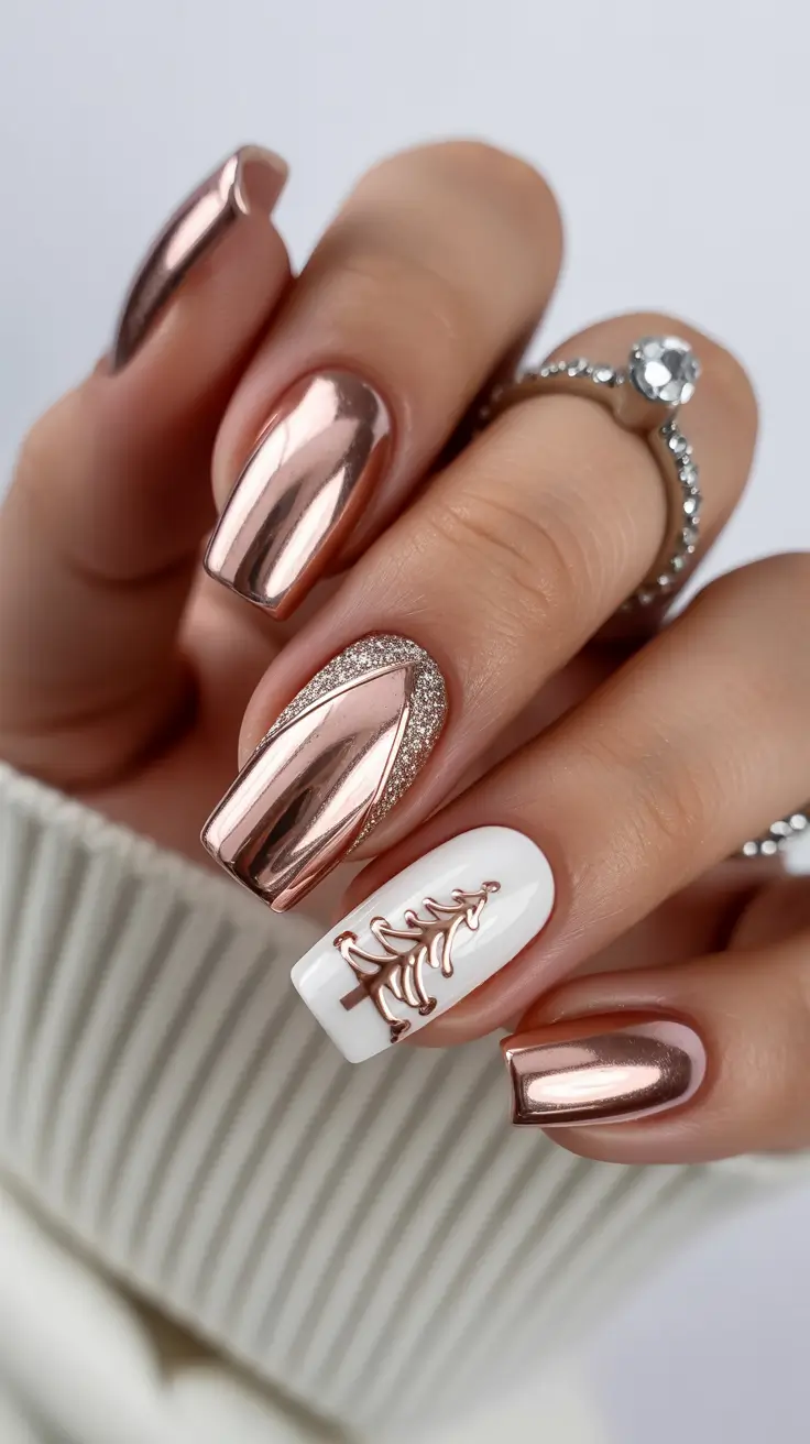 Christmas Acrylic Nails 2025 Rose Gold Holiday Glow