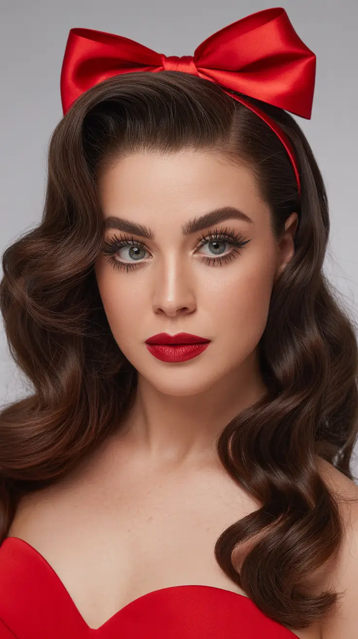 Christmas Holiday Hairstyles 2025 Classic Red Bow Glam