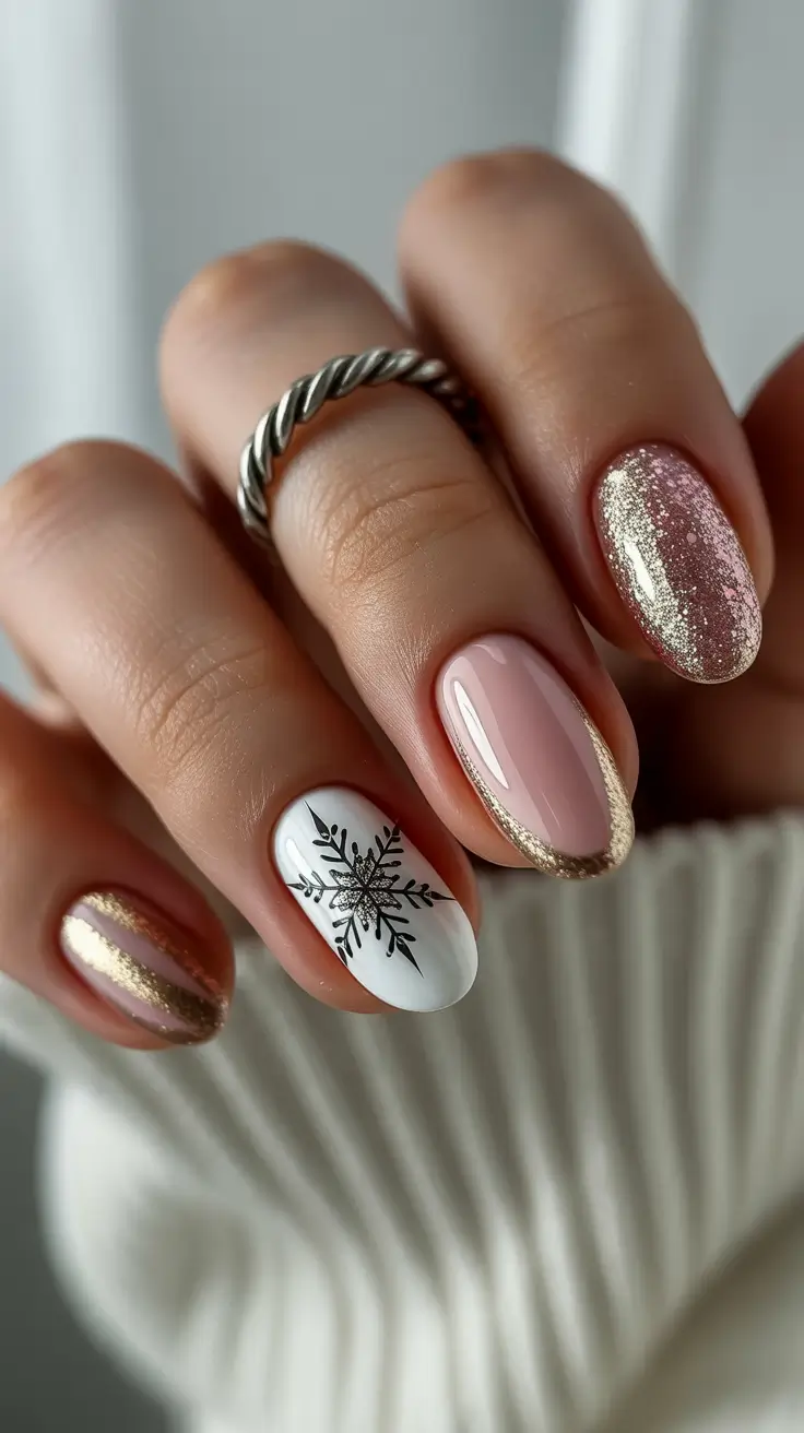 Christmas Nail Art 2025 Golden Snowflake Chic