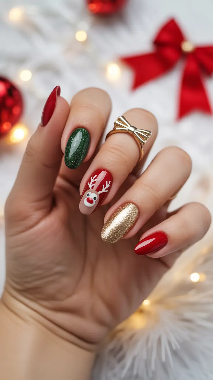 Christmas Nail Art 2025 Reindeer Red and Gold