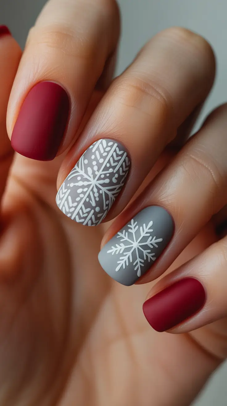 Christmas Nail Art 2025 Cozy Nordic Red and Gray