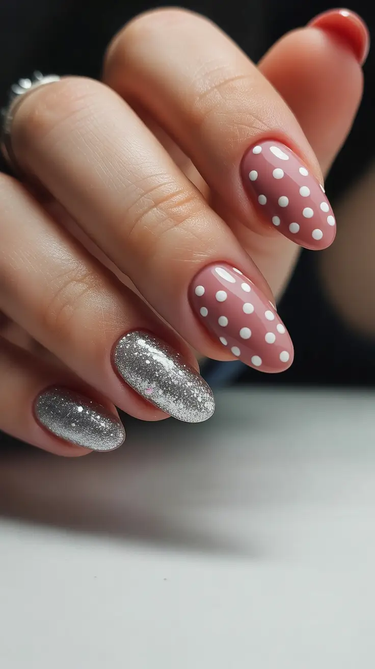 Christmas Nail Art 2025 Silver Glitter and Polka Dot Delight