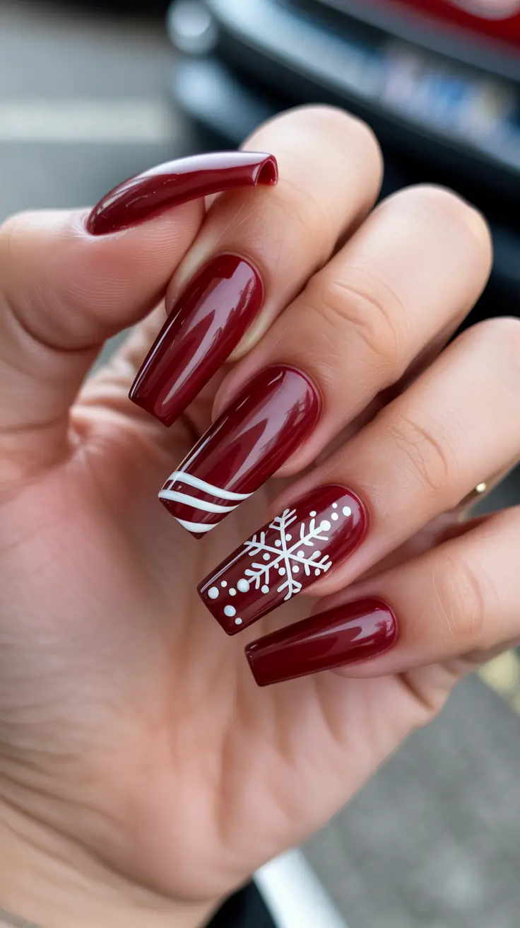 Christmas Nail Art 2025 Deep Red Snowflake Elegance