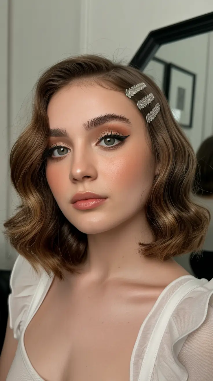 Christmas Party Hairstyles 2025 Chic Short Waves with Pearl Clips