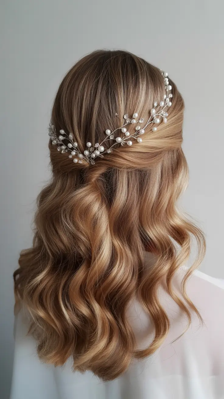 Christmas Party Hairstyles 2025 Half-Up Pearl Crown