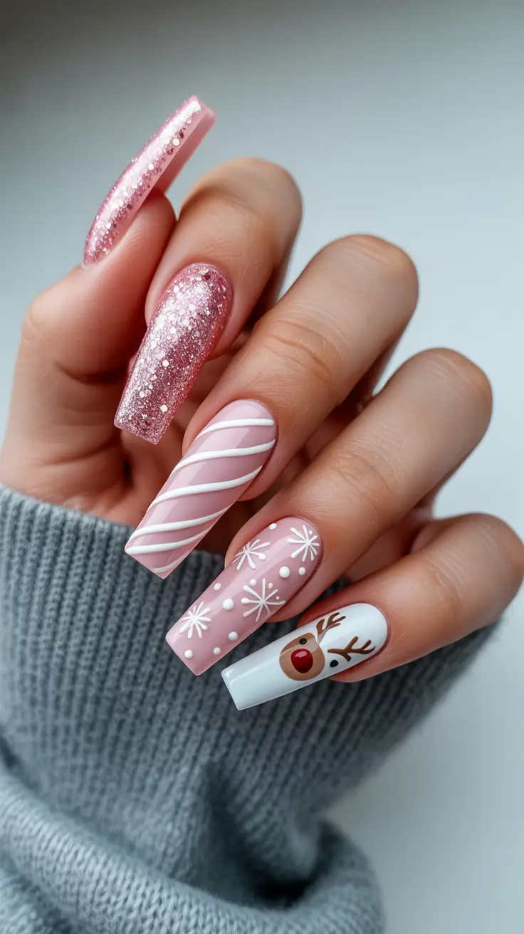 coffin winter nails designs Blushing Reindeer Charm