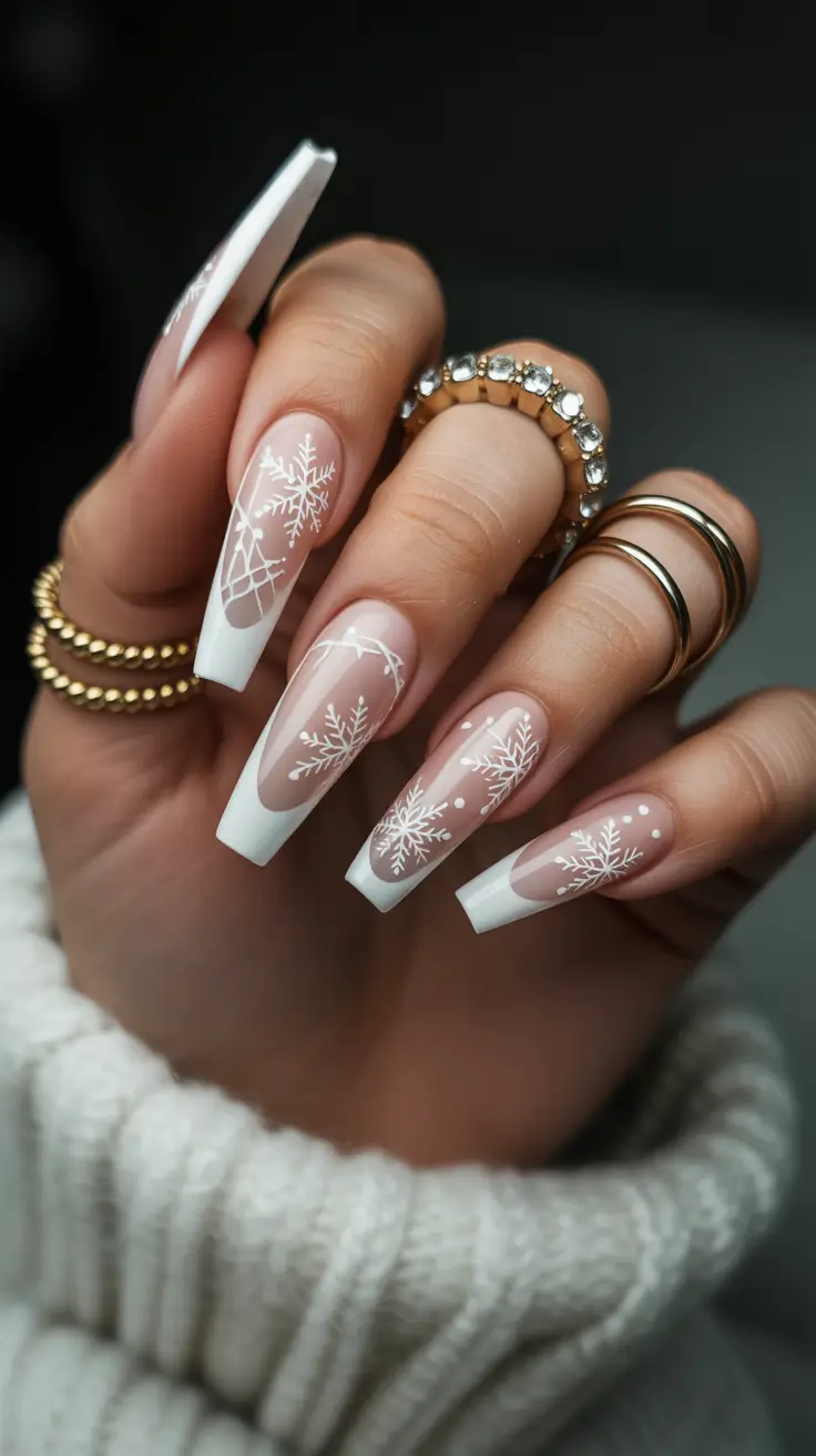coffin winter nails designs Snowflake French Perfection