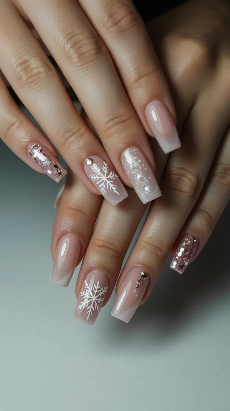 coffin winter nails designs Rose Gold Blizzard