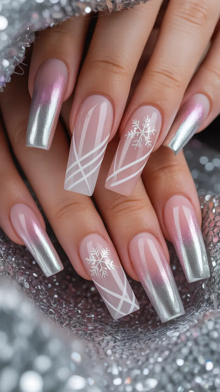 coffin winter nails designs Silver Whispers and Snowflakes