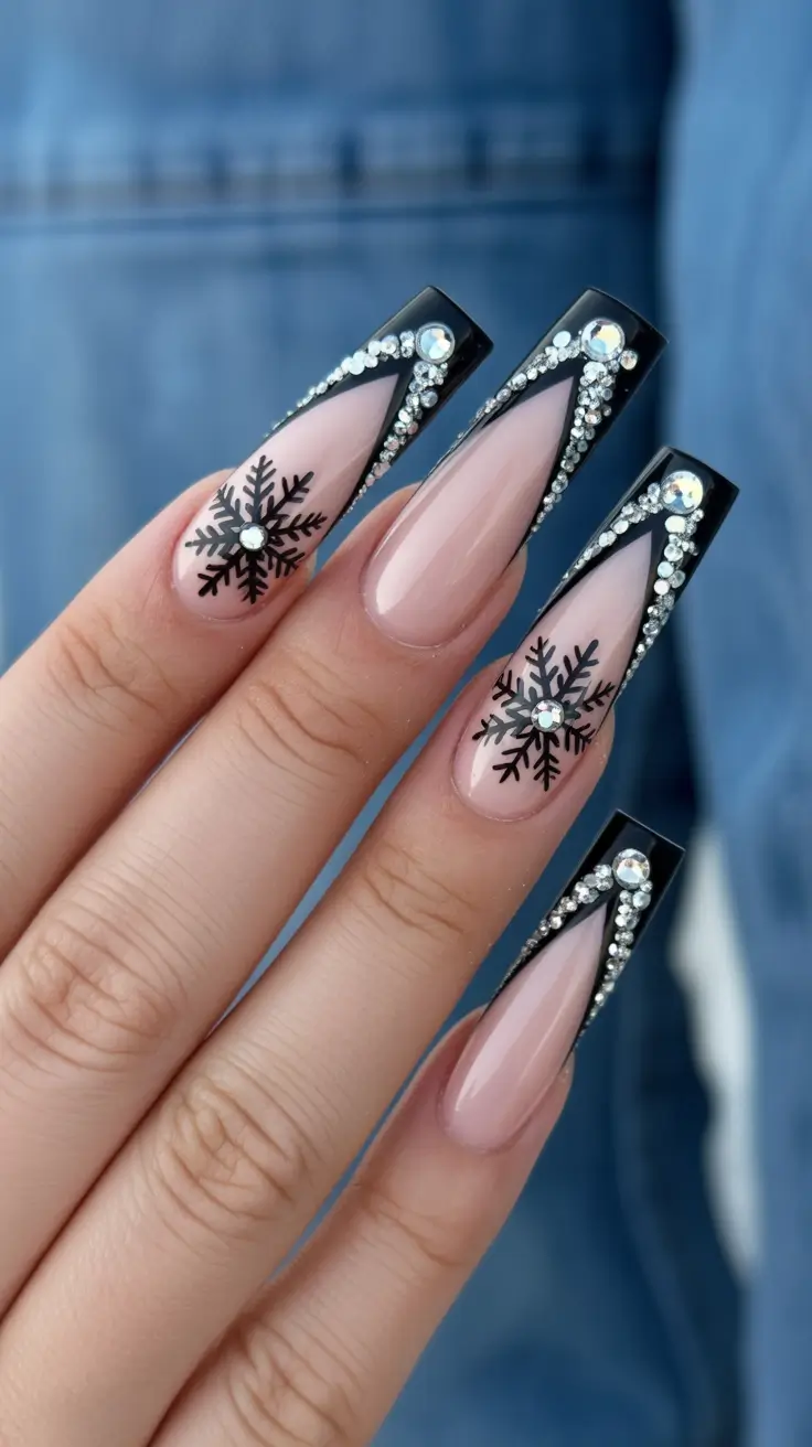 coffin winter nails designs Black Ice Elegance