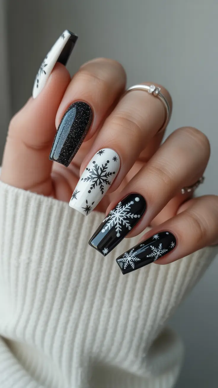 coffin winter nails designs Black and White Blizzard Drama