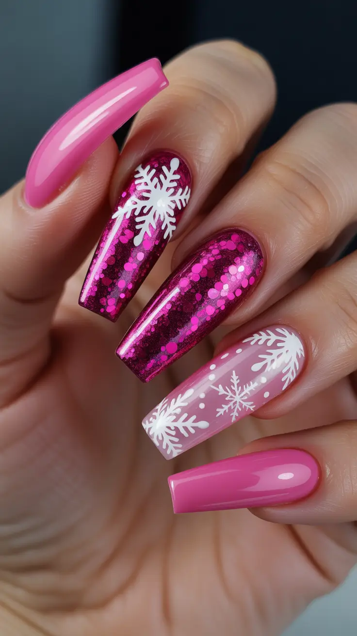 coffin winter nails designs Pink Frost Sparkle