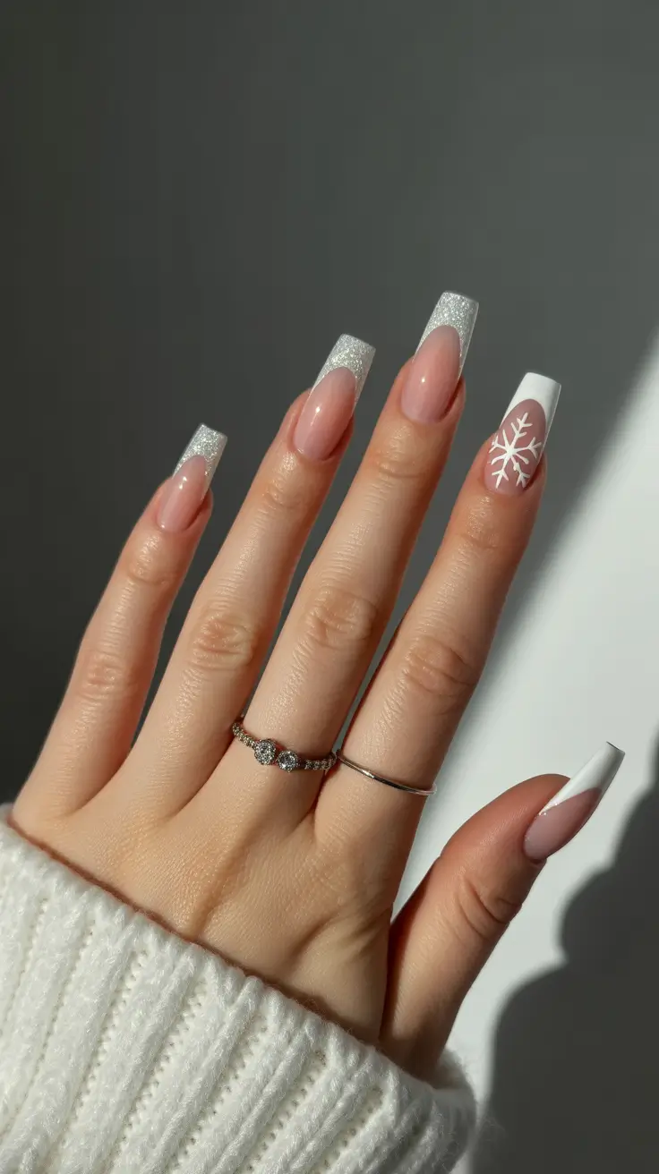 coffin winter nails designs French Snowfall Grace