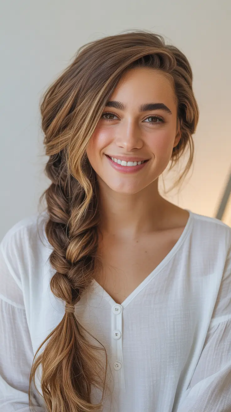 cute winter hairstyles for long hair Loose Side Braid with Soft Layers
