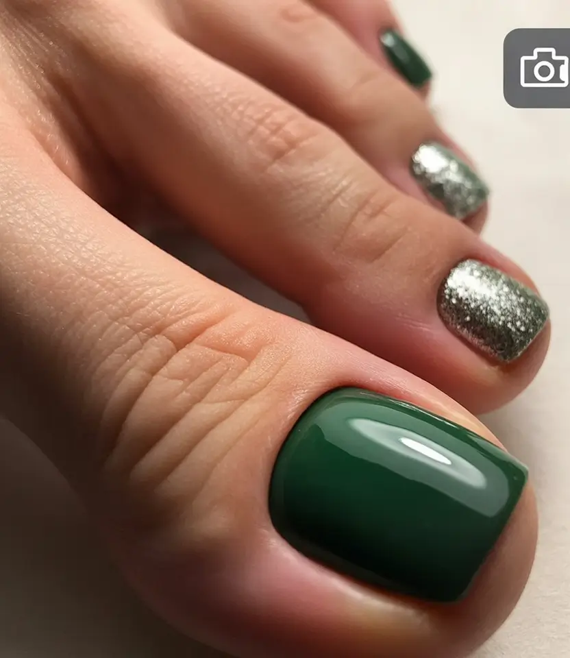 Cute Toe Nails Winter 2025-2026 Evergreen Sparkle Magic