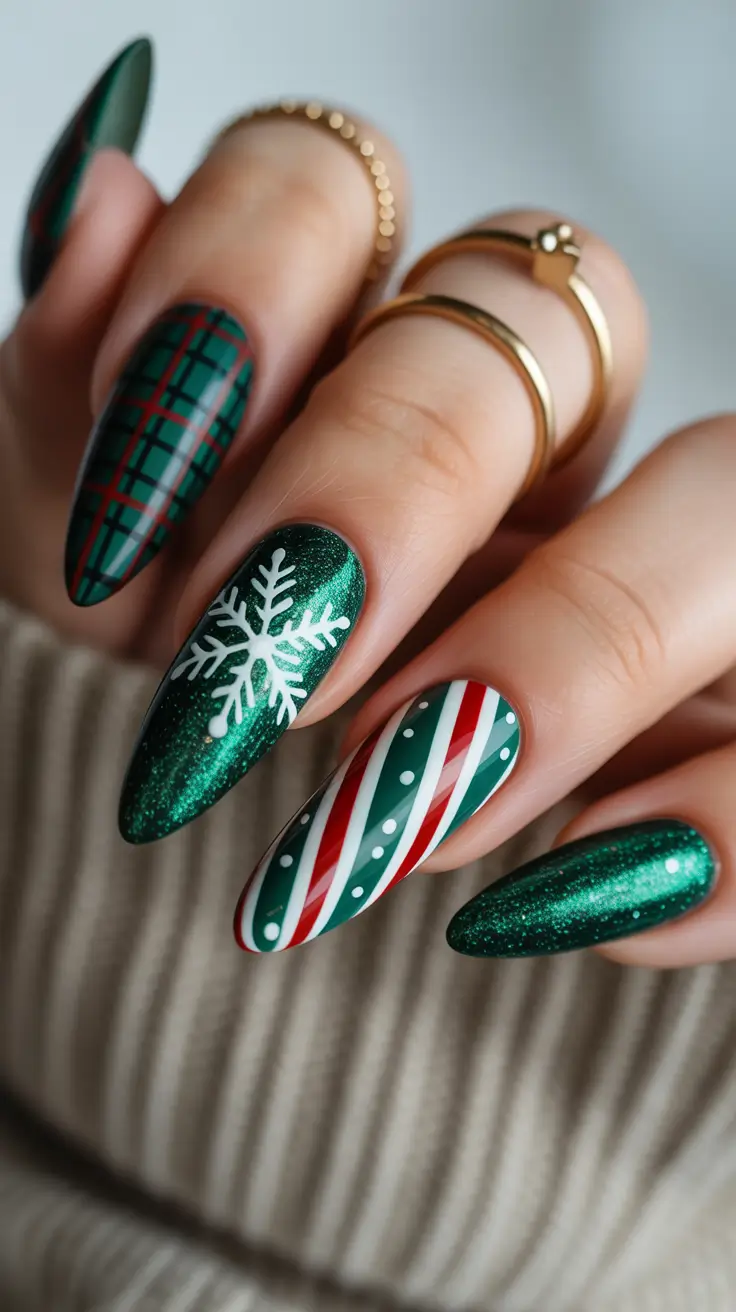 cute winter nails ideas 2025-2026 Holiday Plaid & Candy Cane Mix