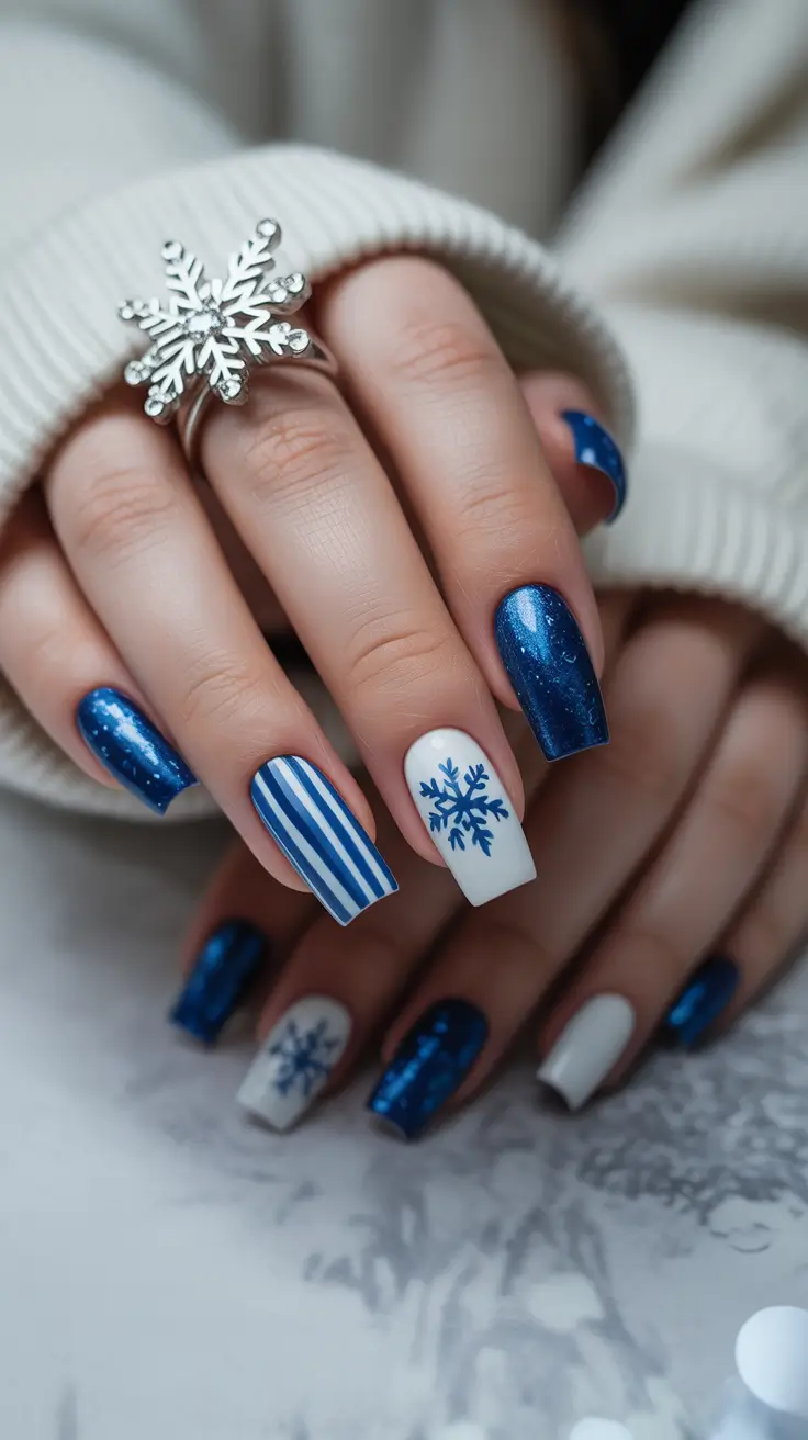 cute winter nails ideas 2025-2026 Nordic Blue Snowflakes