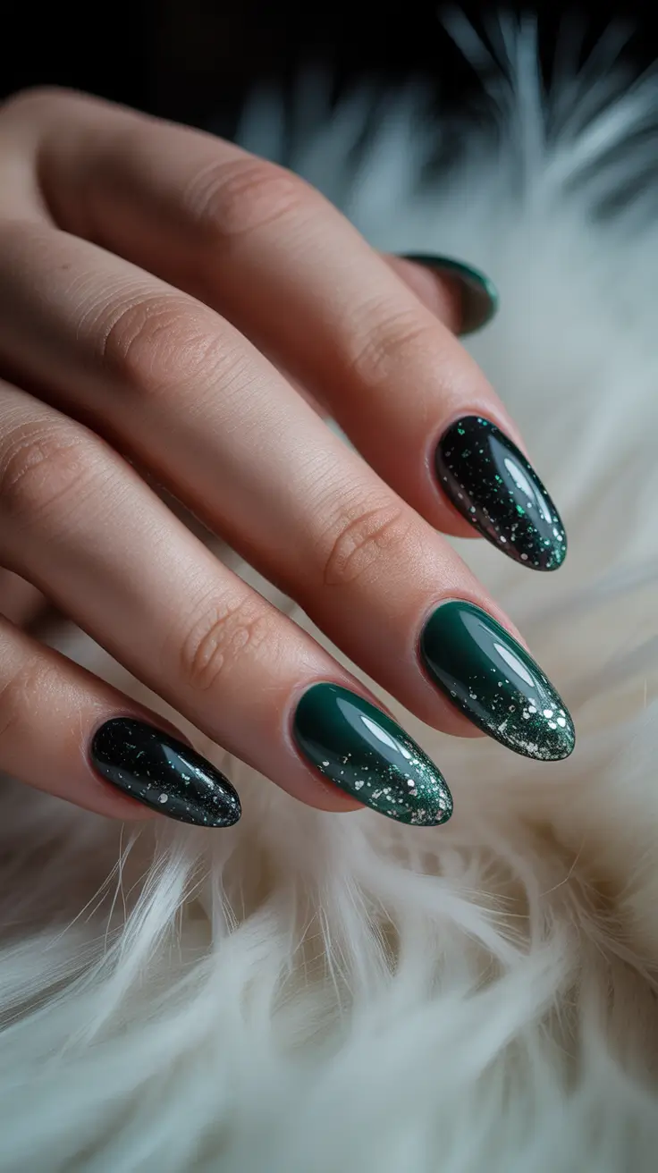 winter almond nails designs dark Emerald Glow