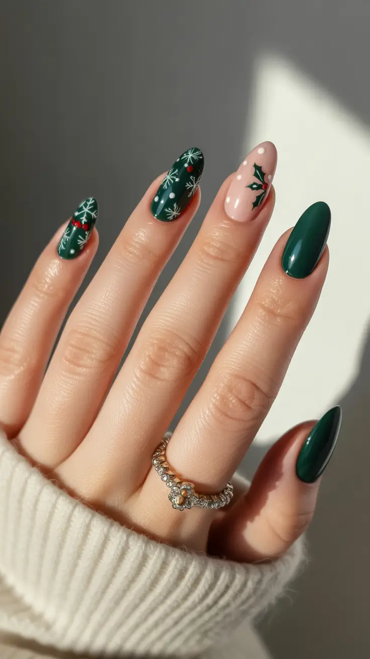 winter almond nails christmas Evergreen Holly Charm