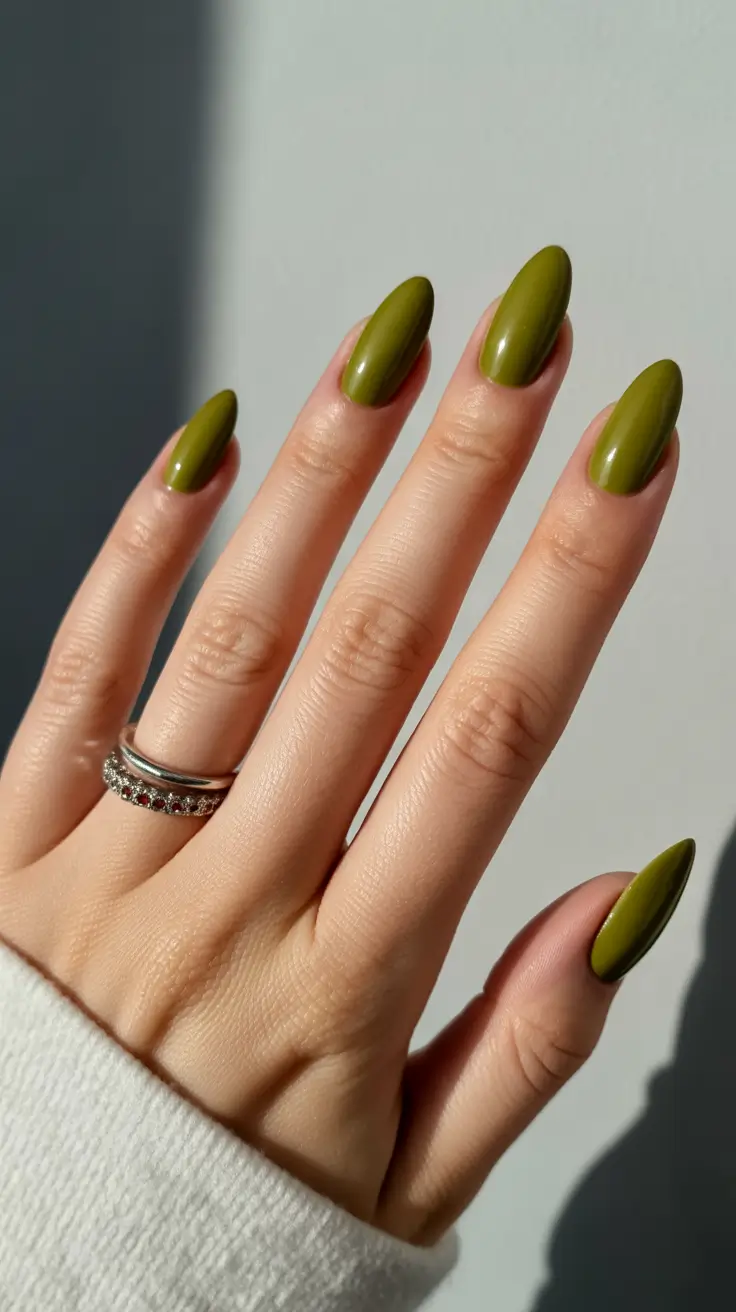 winter almond nails colour Olive Serenity