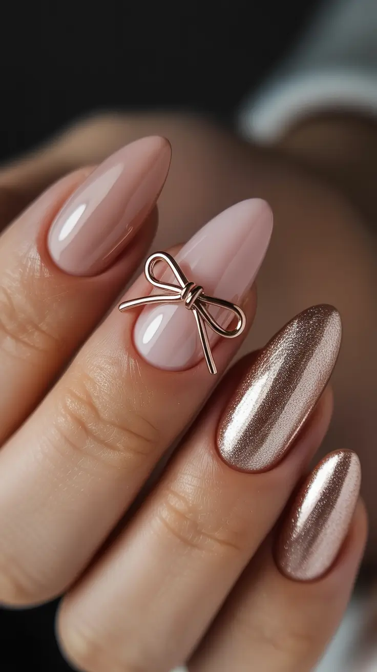 winter almond nails ideas 2026 Champagne Bow Elegance