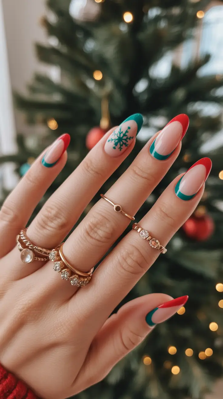 green winter nails ideas 2025 2026 Red and Green Frost French