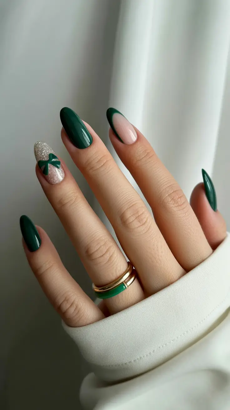 green winter nails ideas 2025 2026 Emerald Bow Accent