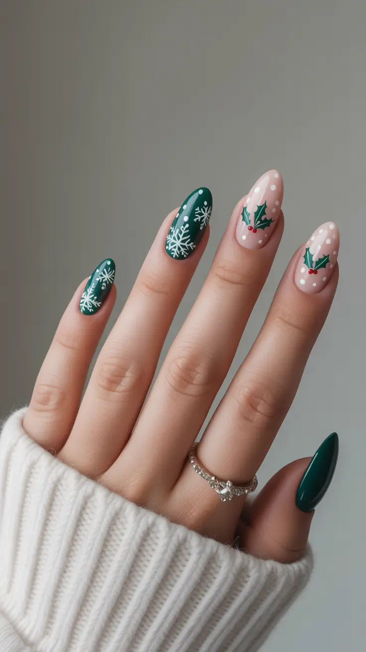 green winter nails ideas 2025 2026 Snowflake & Holly Dreams
