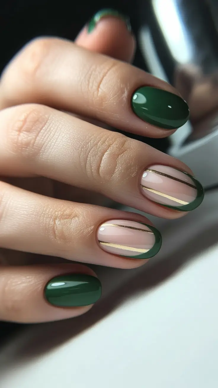 green winter nails ideas 2025 2026 Gold Stripe Minimalism