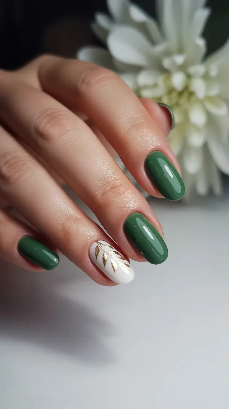 green winter nails ideas 2025 2026 White and Gold Leaf Accent