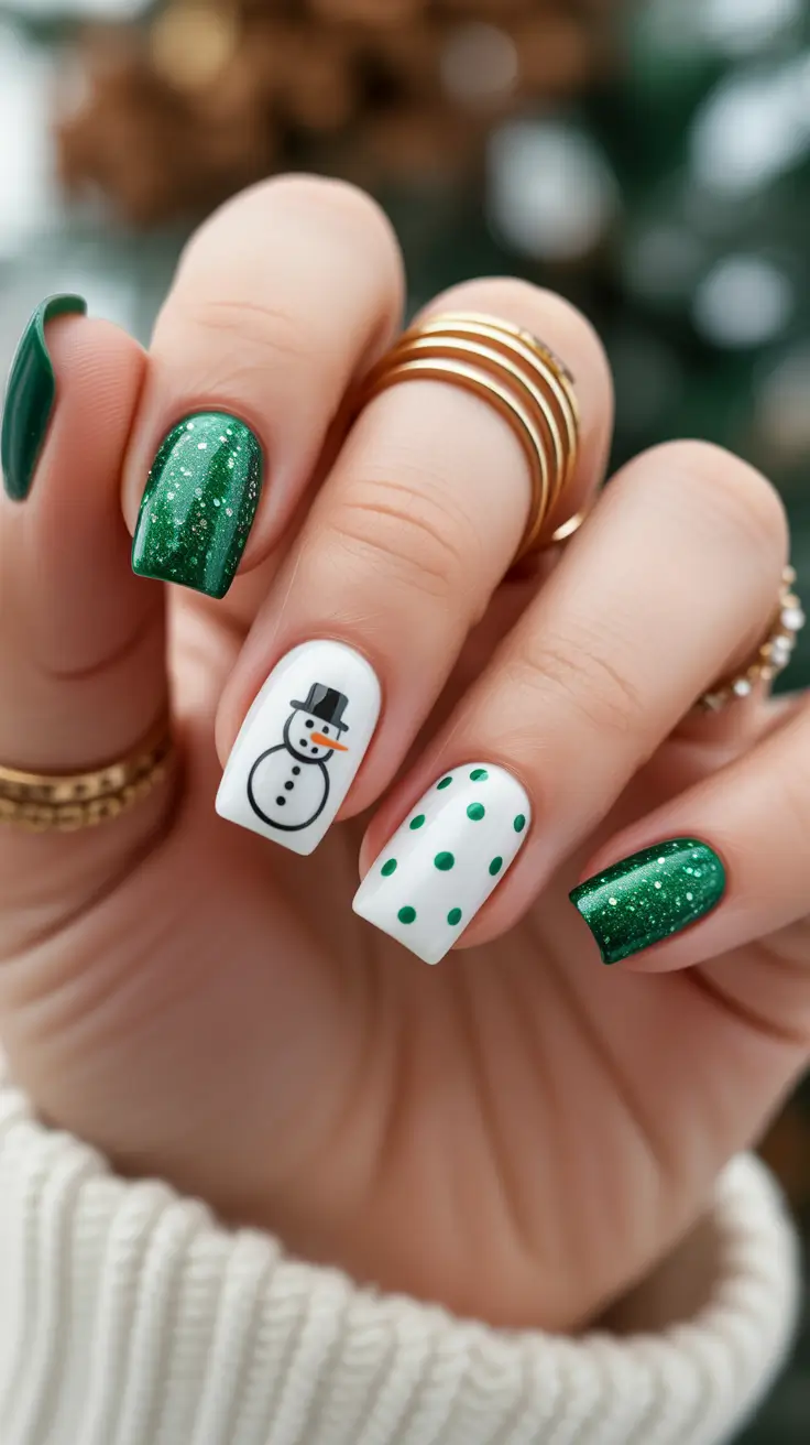 green winter nails ideas 2025 2026 Frosty Snowman Glam