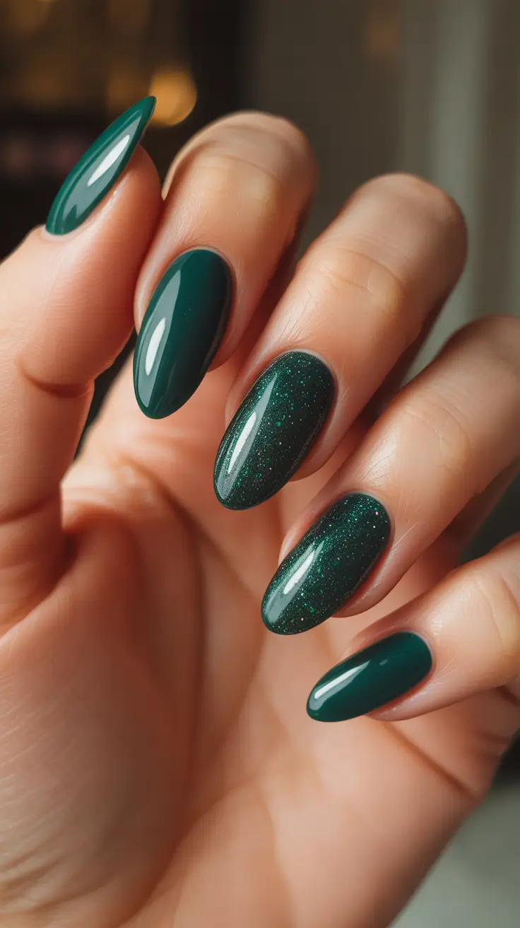 green winter nails ideas 2025 2026 Midnight Forest Sparkle