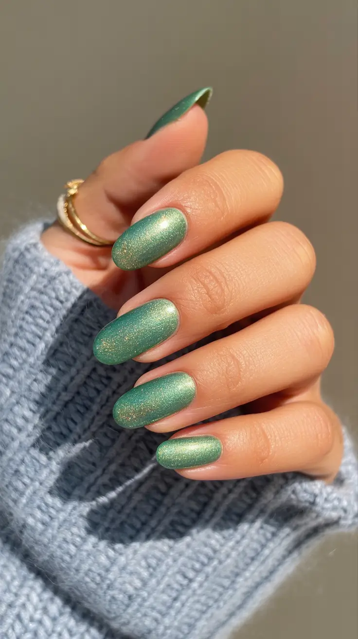 green winter nails ideas 2025 2026 Shimmering Sage Glow