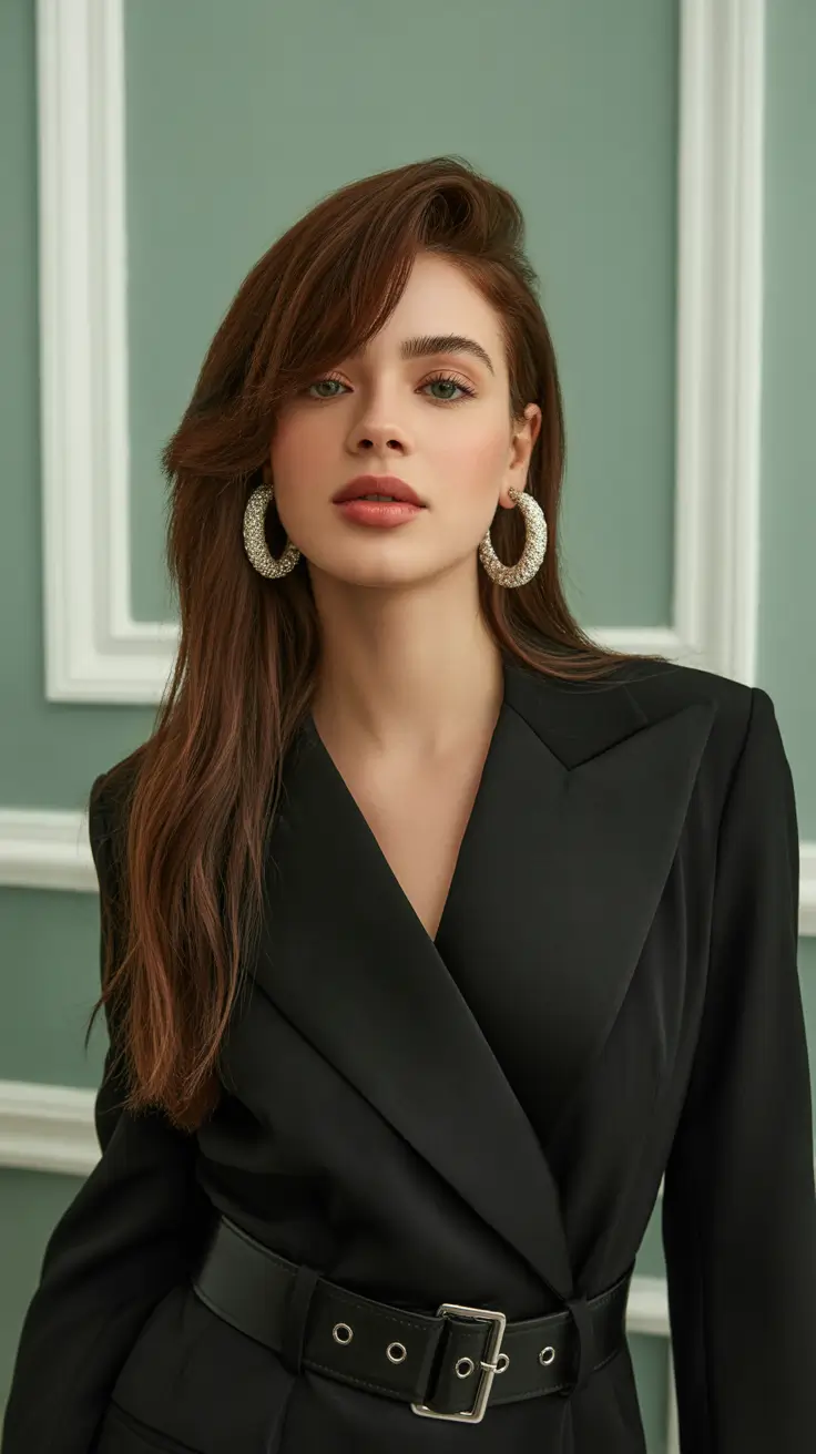 Hair Color Highlights Winter 2025-2026 Chestnut Brunette with Side Sweep