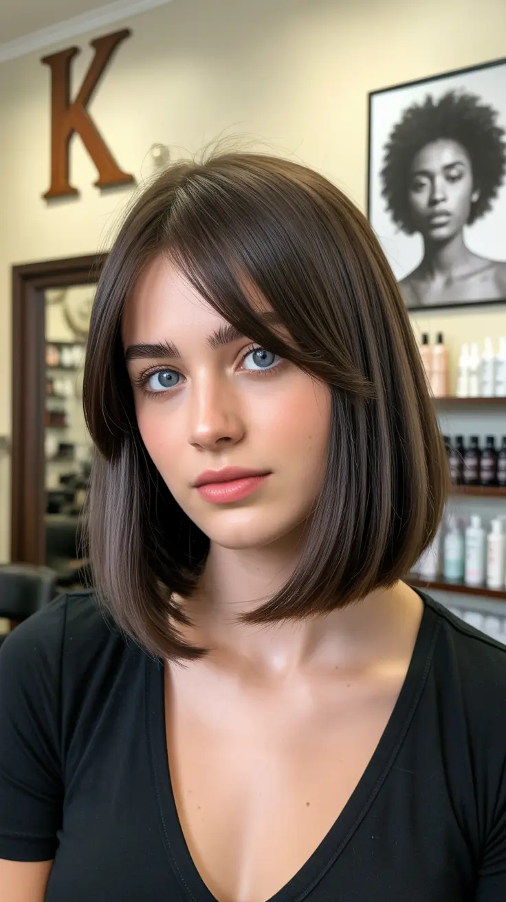 Hair Color Trends Winter 2025-2026 Glossy Espresso Bob With Curtain Bangs