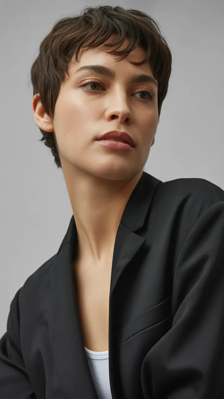 winter soft hair color Earthy Cocoa Pixie Crop