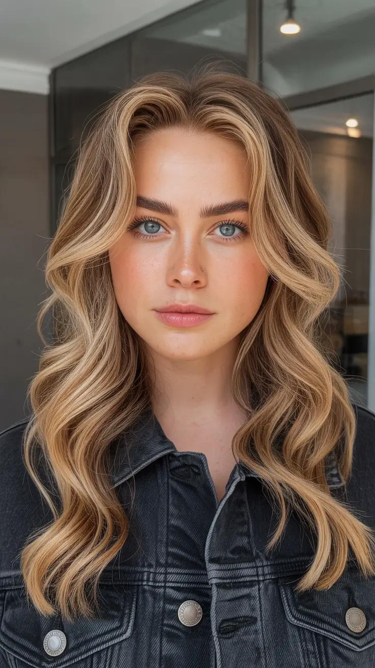 soft winter color palette hair Golden Beige Waves With Dimension