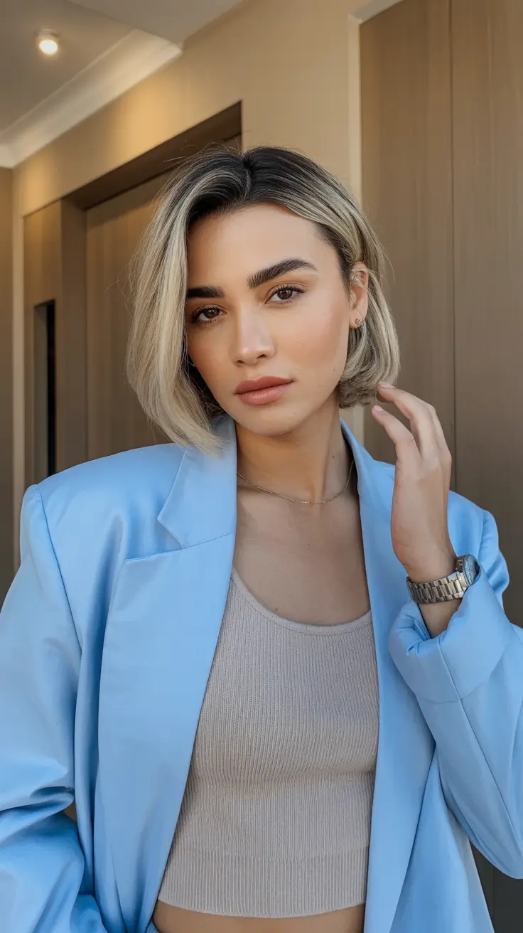 soft winter color palette hair Cool Blonde Bob With Dark Roots