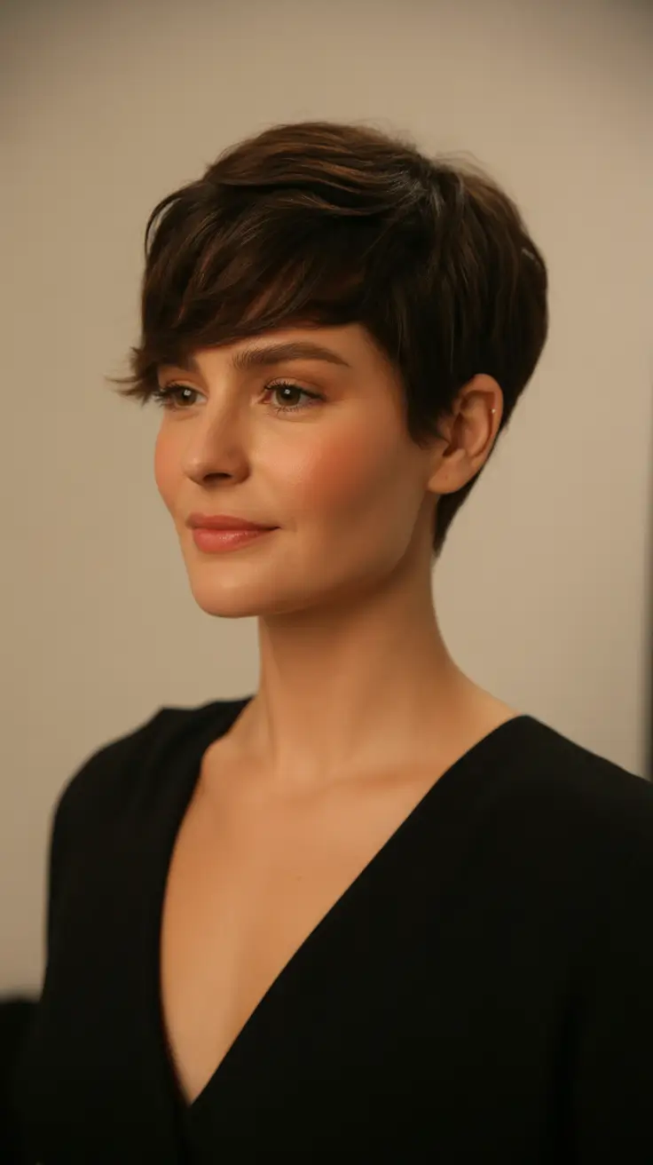 winter soft hair color Deep Cocoa Pixie With Side Fringe