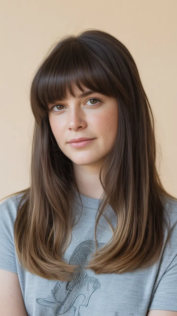 soft winter color palette hair Dark Brunette With Blunt Fringe