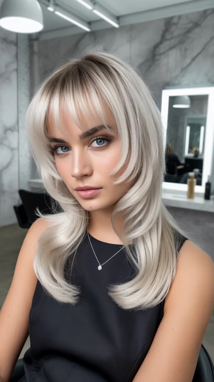 soft winter hair color ideas Platinum Feathered Layers With Fringe