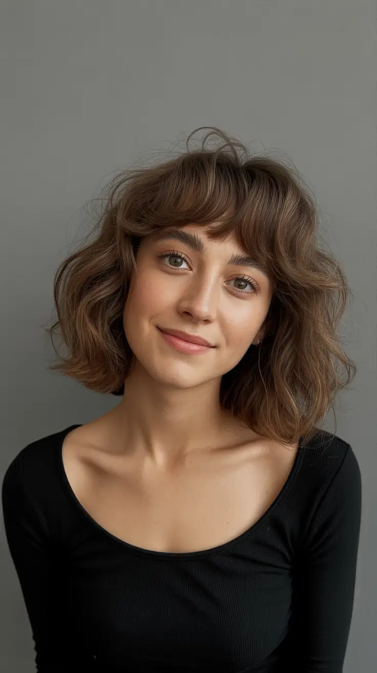 Medium Winter Haircuts 2025-2026 Curly Bob with Soft Fringe